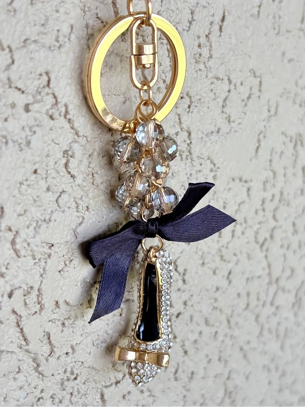 Gold Rhinestone High Heel Keychain with Black Bow & Faceted Crystals